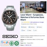 A Seiko Luxe Watches PRESAGE SHARP-EDGED SERIES GMT SPB225 with a brown textured dial is pictured beside the Google business listing for Lexor Miami, a retailer of sunglasses, watches, and perfumes.