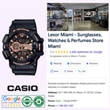 A G-Shock Watches CASIO GA400GB-1A4 black and gold analog-digital watch is shown next to Lexor Miami’s Google business profile, highlighting a Miami store for sunglasses, watches, and perfumes. Casio and Google logos appear at the bottom.