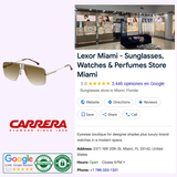 Collage featuring a Google listing for Lexor Miami, Carrera Sunglasses logo, review/authenticity badges, and details for Carrera 1016/S J5G 64 Unisex Sunglasses UPC 716736126999; store info and contact are shown.