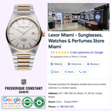 On the left is a Frederique Constant Highlife Automatic COSC FC-303V4NH2B wristwatch, while on the right is a Google listing for Lexor Miami with ratings, address, hours, and contact details.