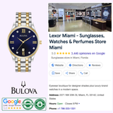 A Lexor Miami ad features Bulova Watches’ 98D130 Classic Diamond Unisex watch in gold and silver with a blue face, ratings, reviews, store details, and a modern interior photo highlighting diamond and classic watches.