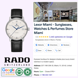 On the left is a Rado Watches Coupole Automatic R22860075 with a sapphire crystal and the RADO Switzerland logo. On the right is Lexor Miami's Google business listing with store info, images, and contact details.
