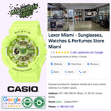 On the left is a bright yellow limited-edition CASIO G-Shock Watch BA-110 SERIES BA-130YK-3ASW. On the right, view Lexor Miami's modern store, Google listing, location, and contact info. The Mandalorian and Grogu logo is featured at the top.