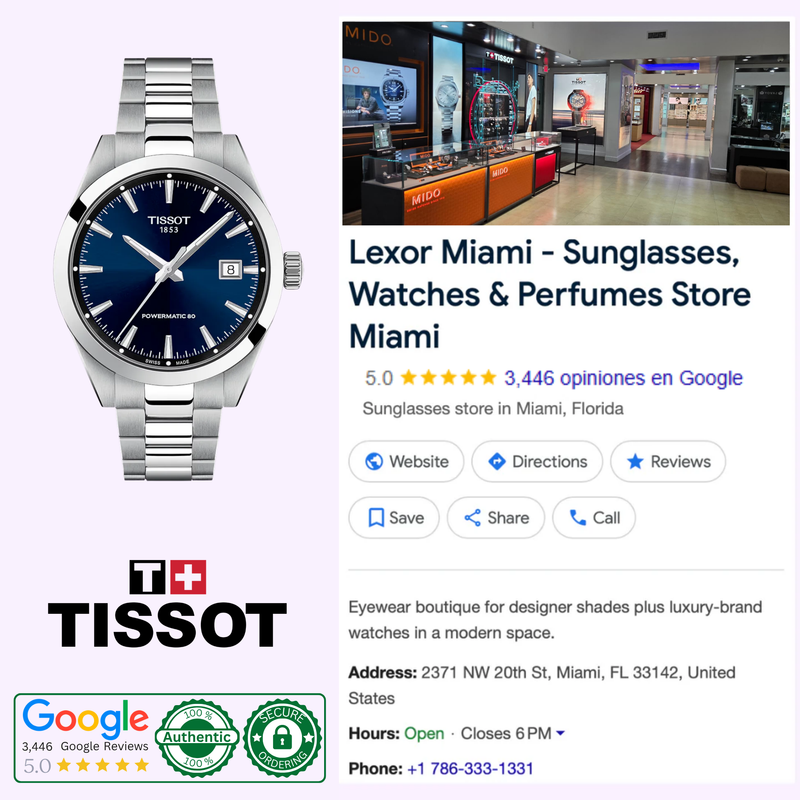 Split image showing the Tissot Gentleman 38mm T1658071104100 next to a Google Business listing for Lexor Miami showing customer reviews and store photos