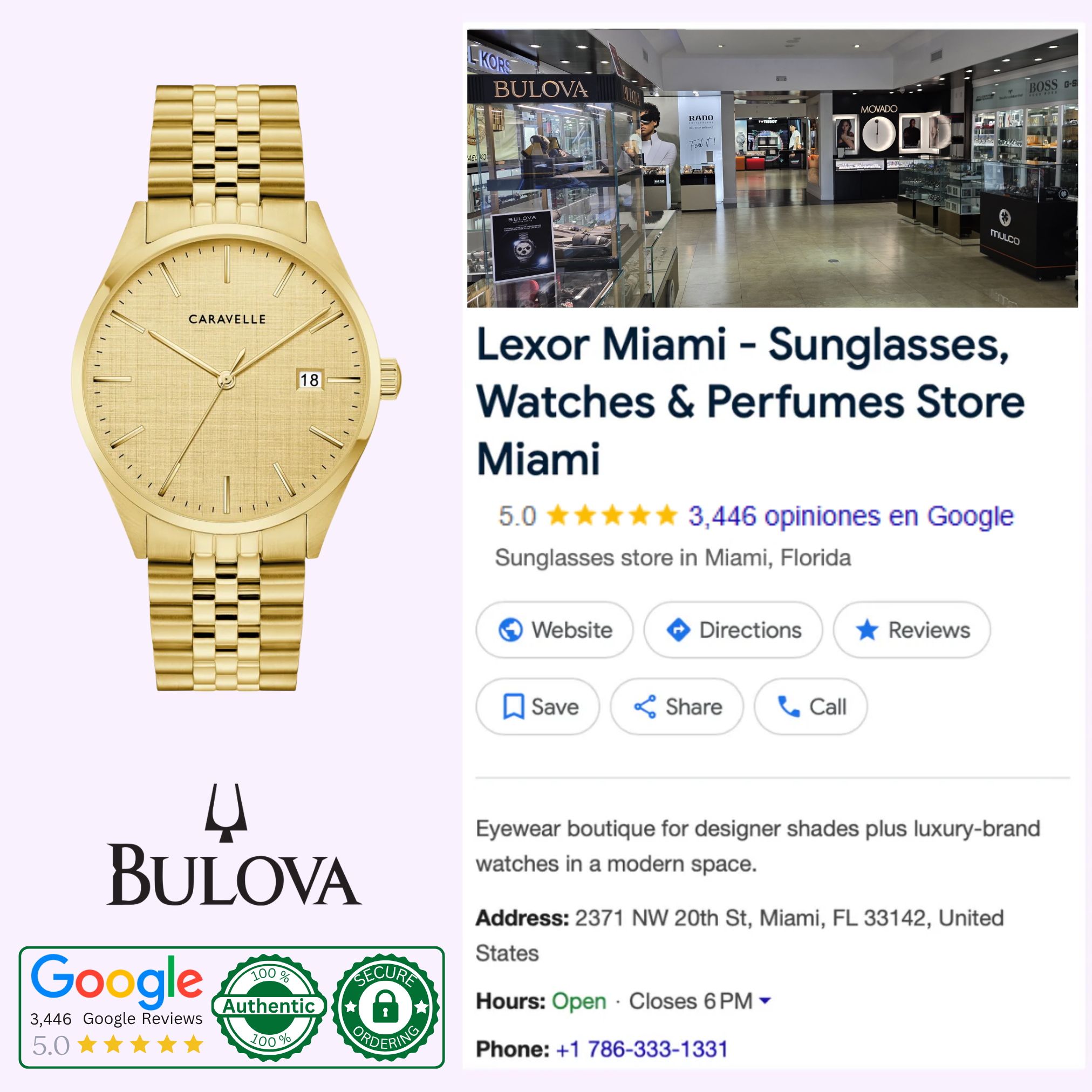 A Bulova Watches Classic 44B132 gold-tone men’s watch sits beside a Google listing for Lexor Miami, a store selling sunglasses, watches, and perfumes. The listing shows store details, high ratings, and the Bulova Watches logo.