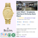 A Bulova Watches Classic 44B132 gold-tone men’s watch sits beside a Google listing for Lexor Miami, a store selling sunglasses, watches, and perfumes. The listing shows store details, high ratings, and the Bulova Watches logo.