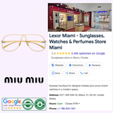 Screenshot of Lexor Miami’s Google listing with boutique photos, contact info, hours, 5-star reviews, authenticity and review badges, gold pilot-style Miu Miu 0MU A56S 5AK08N66 frames, and the Miu Miu Sunglasses logo on white background.