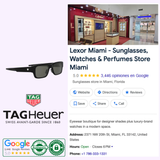 An ad showcases Tag Heuer Sunglasses TH40061I 5401A from Tag Heuer Optical, the TAG Heuer logo, and Lexor Miami’s Google listing—your Miami Authorized Dealer—offering 100% authentic sunglasses, a 5-star rating, store info, and Cartier watches.