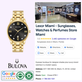 A Bulova Classic 97D108 unisex watch by Bulova Watches is shown next to a Google listing for Lexor Miami, a Miami, FL store selling sunglasses, watches, and perfume with info, photos, ratings, and contact details.