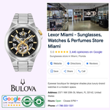 A Bulova 98A224 Maquina Automatic Stainless Steel Strap Men’s Watch by Bulova Watches is shown beside a Google business listing for Lexor Miami, a store selling sunglasses, watches, and perfumes with photos, rating, address, hours, and contact info.