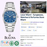 A Bulova Watches 96B440 Super Seville Men (UPC 042429599789) is shown beside a Google listing for Lexor Miami, a store offering sunglasses, perfumes, and Bulova Watches, with images, reviews, hours, address, and contact info.