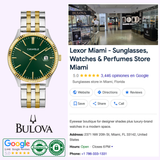 A Caravelle Watches by Bulova Green Dial Stainless Steel Bracelet 45B162 watch is displayed next to a Google listing for Lexor Miami, a Miami store selling sunglasses, watches, and perfumes with photos and contact info.