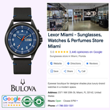 A Caravelle Watches By Bulova 45C118 Classic Caravelle Black Leather Strap Men Watch is displayed beside a Google search for Lexor Miami - Sunglasses, Watches & Perfumes Store, featuring photos, ratings, contact info, and the Bulova logo.