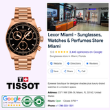A Tissot Watches PR516 Quartz Chronograph T1494173305100 is shown next to a Google listing for Lexor Miami, a 5-star sunglasses, watches, and perfumes store featuring contact info and modern interior photo.