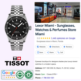 A TISSOT Watches PR516 Powermatic 80 (T1494071105100, UPC:7611608318492) appears next to a Google listing for Lexor Miami, a sunglasses and watch store with a 5-star rating, photos, contact info, hours, and certification badges. Discover Tissot Watches in Miami.