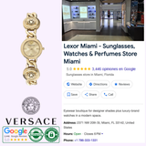 Image of the Versace VE3C00222 Stud Icon Bracelet Watch by Versace Watches with gold Medusa heads, the Versace logo, and a Lexor Miami Google listing showing store details, reviews, address, phone number, authenticity and rating badges.