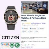 A Citizen Watches AW1794-47W Mickey Mouse Club with a black strap is displayed next to a 5-star Google listing for Lexor Miami, a store known for exclusive sunglasses, watches, and perfumes.