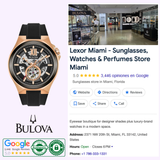A Bulova Watches 98A177 Maquina Automatic Black Silicone Strap Men's Watch is shown beside a Google listing for Lexor Miami, a store specializing in sunglasses, watches, and perfumes with visible storefront, location info, and positive reviews.