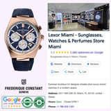 A Frederique Constant Highlife Chronograph Automatic FC-391NS4NH4 watch is displayed beside a Google listing for Lexor Miami, a store selling sunglasses, watches, and perfumes, shown with its location and customer ratings.