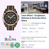 A Bulova 98D149 Precisionist men's watch by Bulova Watches is shown beside a Google business listing for Lexor Miami, a 5-star store selling sunglasses, watches, and perfumes with its address, hours, and contact info displayed.