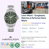 A Hamilton Watches H82525160 KHAKI NAVY SCUBA AUTO wristwatch (UPC: 7630458804269) by Hamilton Watches shown next to a Google search for Lexor Miami, displaying store info, hours, ratings, and modern interior.