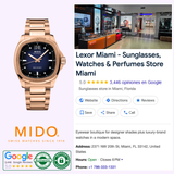 Promotional image for Mido Watches featuring the rose gold Multifort TV Big Date M0495263304100, the MIDO logo, review badges, and a Google listing for Lexor Miami with in-store photos.