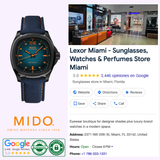 An ad features a Mido Watches Multifort TV Big Date M0495263704100 with automatic movement and blue strap, a store interior photo, and a Google listing for Lexor Miami - Sunglasses, Watches & Perfumes Store Miami.