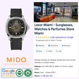A Mido Watches Multifort TV Big Date M0495261708101 with a black strap is pictured next to a Google listing for Lexor Miami, a boutique selling sunglasses, perfumes, luxury watches, and featuring contact info and a 5-star rating.