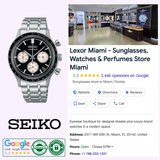 A Seiko Watches Chronograph SSB479 by Seiko Watches is displayed beside a Google listing for Lexor Miami—a 5-star sunglasses, watches, and perfumes store—showing interior, contact info, and rating badges.
