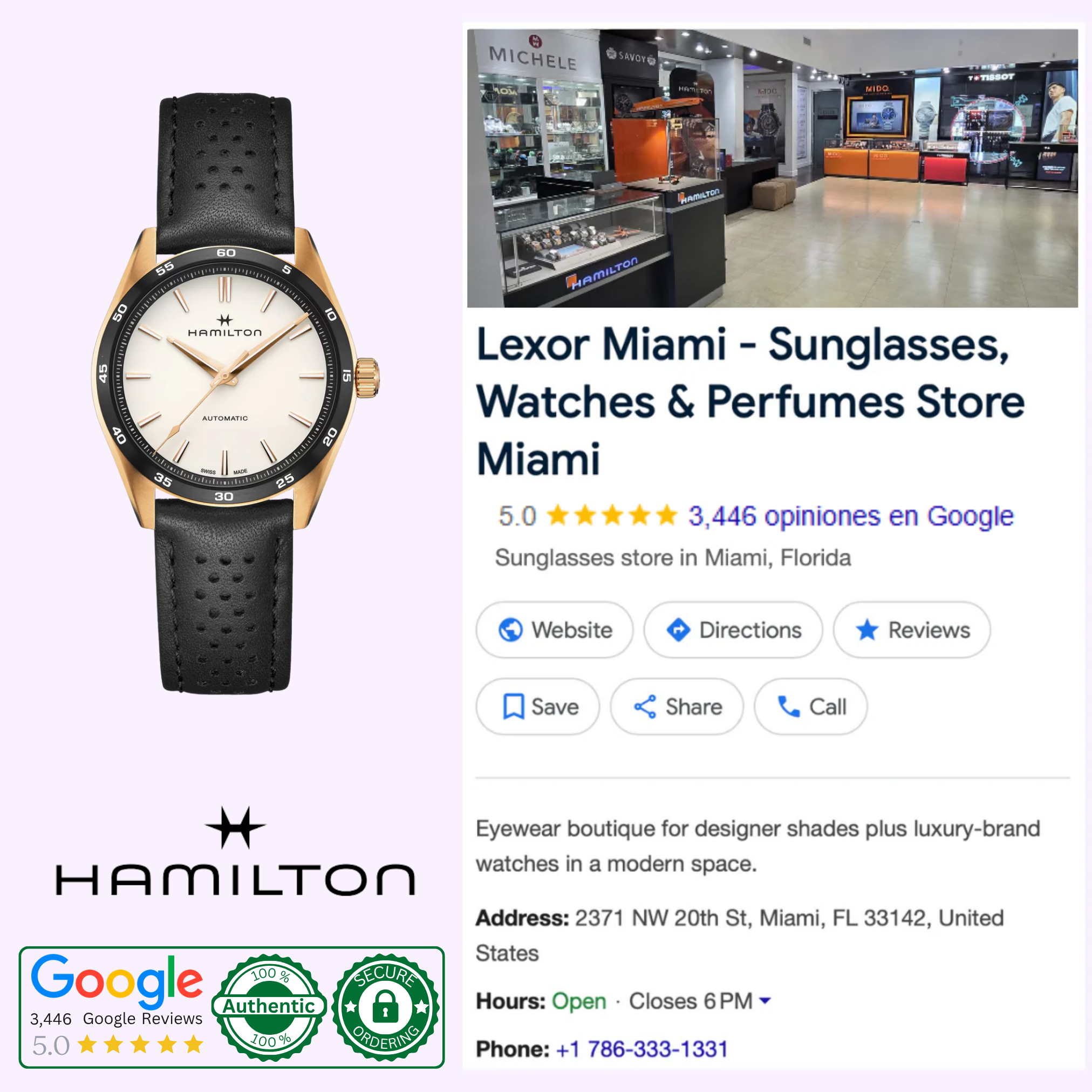 A Hamilton Watches Jazzmaster Performer Auto H36225770 with a black strap is shown next to a Google listing for Lexor Miami, a top-rated store in Miami for Hamilton watches, sunglasses, perfumes, 5-star reviews, and contact info.