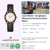 A Hamilton Watches Jazzmaster Performer Auto H36225770 with a black strap is shown next to a Google listing for Lexor Miami, a top-rated store in Miami for Hamilton watches, sunglasses, perfumes, 5-star reviews, and contact info.