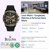 A Bulova 98B278 Marine Star Black Silicone Strap men's watch by Bulova Watches is shown beside a Google business listing for Lexor Miami, a store offering sunglasses, watches, and perfumes with visible ratings and review badges.
