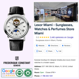 A Frederique Constant Heart Beat Moonphase Date FC-335MC4P6 watch appears beside a Google listing for Lexor Miami, a store in Miami selling sunglasses, watches, and perfumes, displaying reviews, location, hours, and contact info.