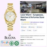 On the left is a Bulova Watches 97P172 Gold Stainless Steel Strap Lady Watch; on the right, a Google listing for Lexor Miami sunglasses and watches store with 5-star rating, store photo, contact info, Bulova logo, and Google ratings below.