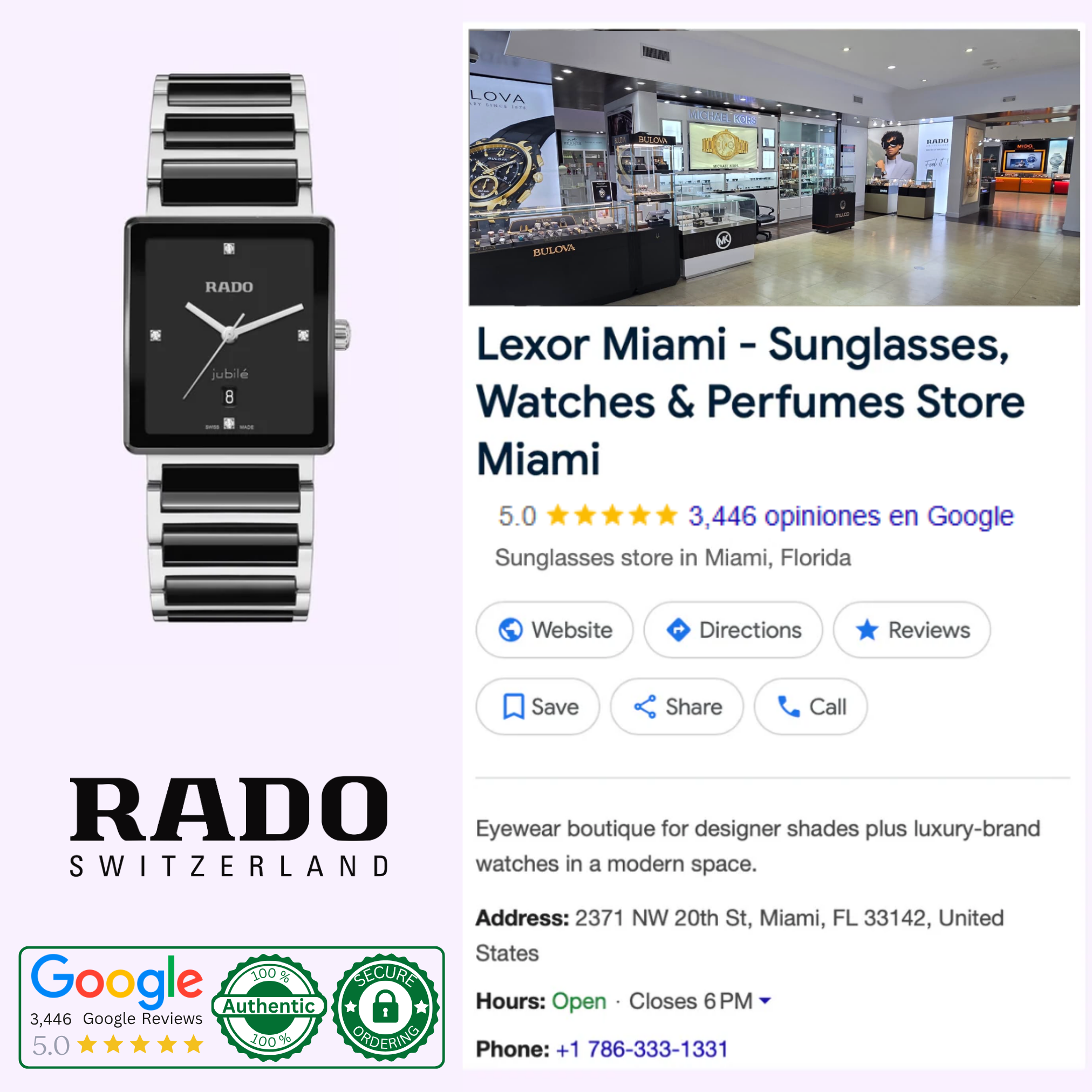A Rado Watches Integral Diamonds R20255712 with a black face and silver band is shown beside a Google listing for Lexor Miami, a retailer of sunglasses, watches, and perfumes. Store info and reviews are visible.
