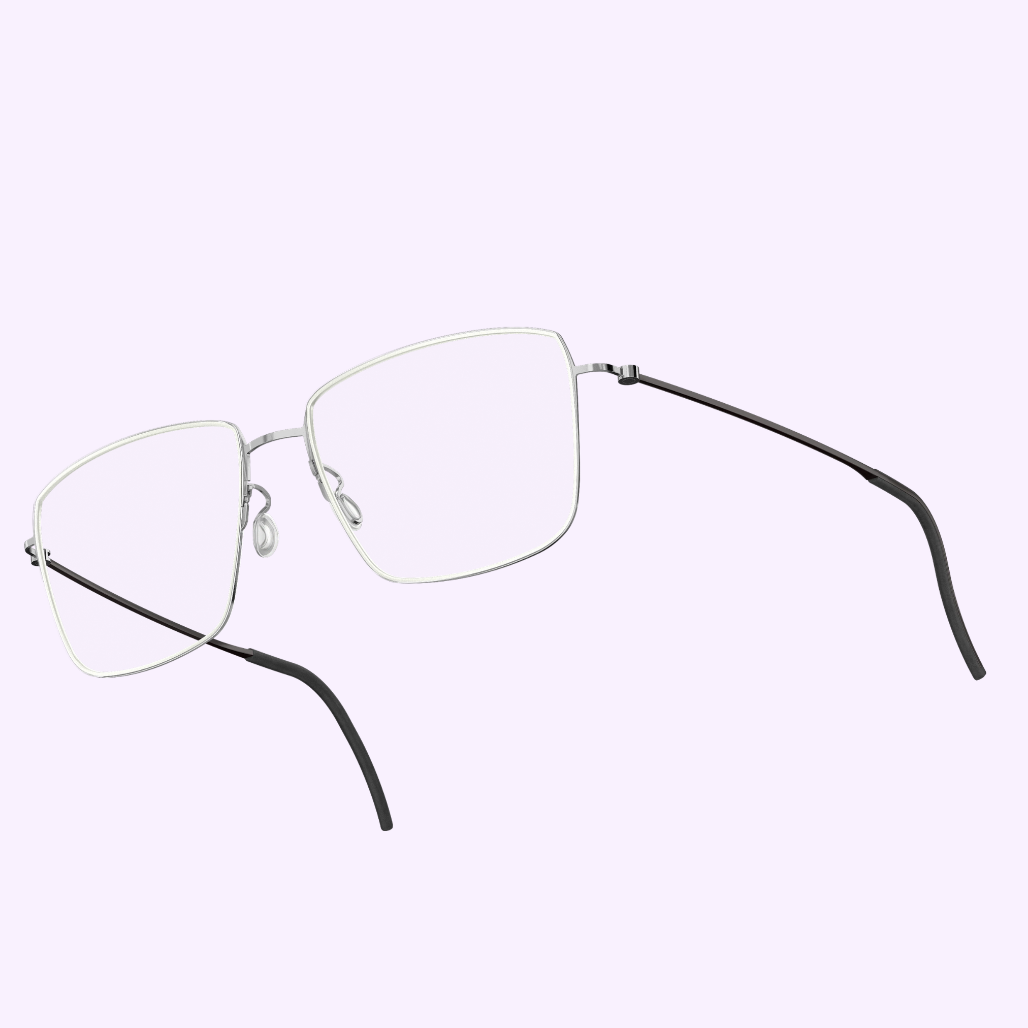 The Lindberg Eyewear 5508 P10/PU9/101 features thin silver square frames and black temple arms, capturing minimalist Scandinavian design, set against a light lavender background.