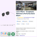 Image displaying the Lindberg Eyewear 8202710/SL110 luxury sunglasses, with the Lindberg logo and a Google listing for Lexor Miami—a retail destination offering sunglasses, watches, and perfumes. The listing showcases a 5-star rating, review count, address, phone number, and store hours. The visual emphasizes the minimalist Scandinavian design of Lindberg Eyewear 8202710/SL110 as featured at this distinguished location.