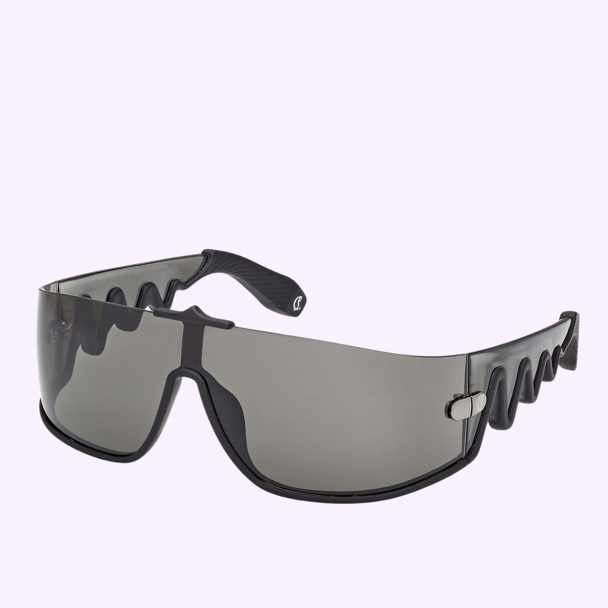 Louboutin Sunglasses LB0015 0067A: Black luxury eyewear with a single wraparound dark lens and jagged top and side details, shown on a light purple background.