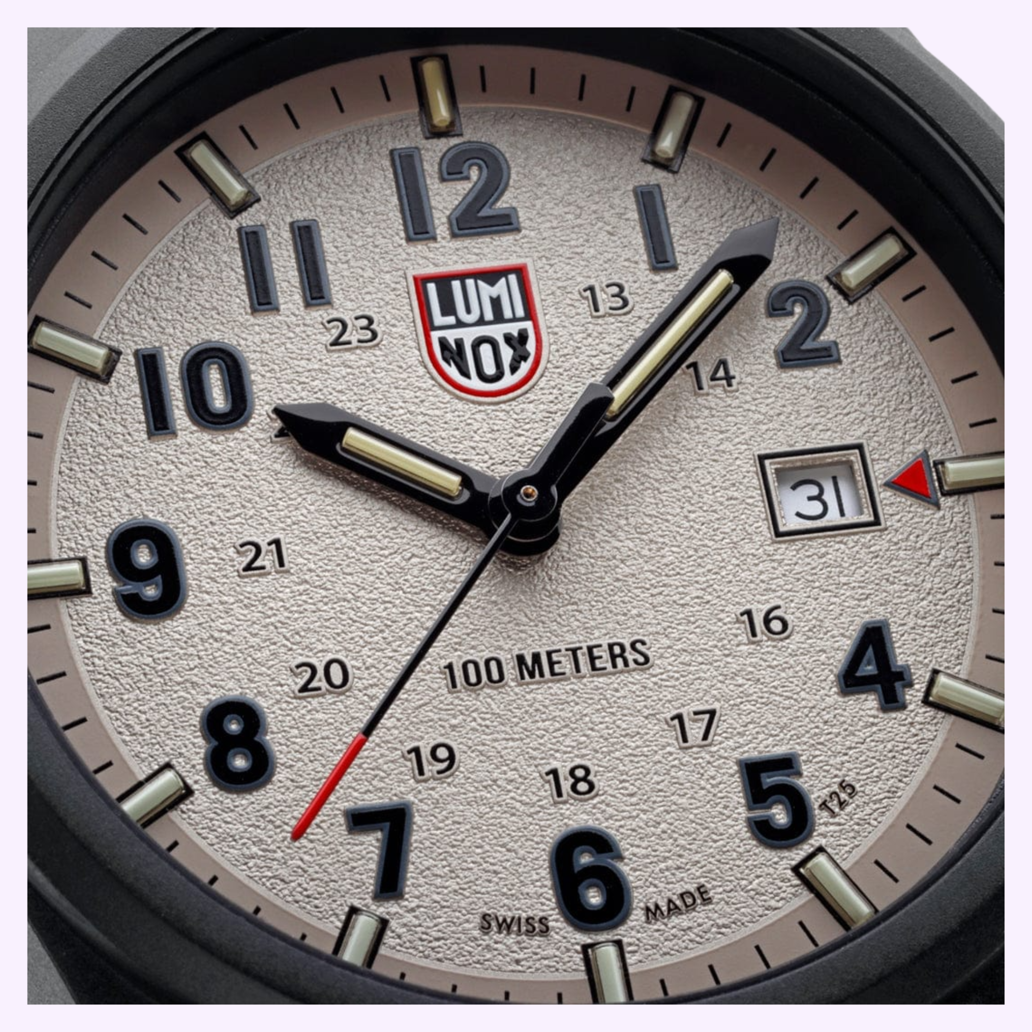 A close-up of the 43mm Luminox Watches Atacama Field XL.1971.SET shows 1:06:36 on its beige textured dial with bold numbers, date at 31, and “100 METERS” and “SWISS MADE” markings in a rugged CARBONOX case.