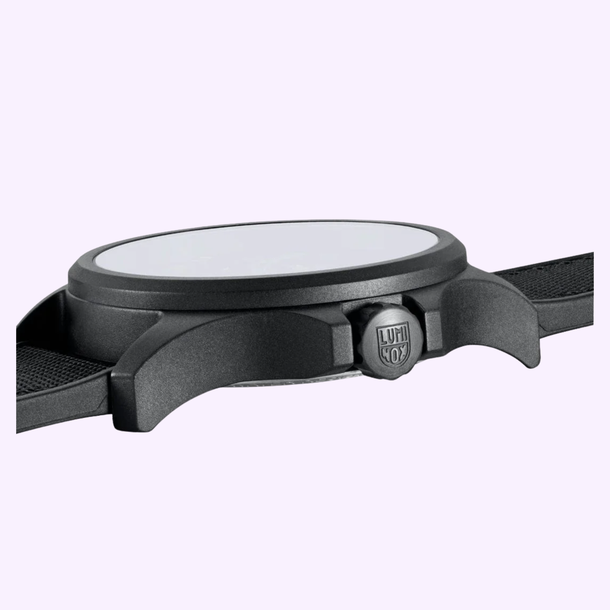 Side view of the Luminox Watches Atacama Field XL.1971.SET, featuring a CARBONOX case, round face, crown with Luminox logo, and strap detail against a light purple background.