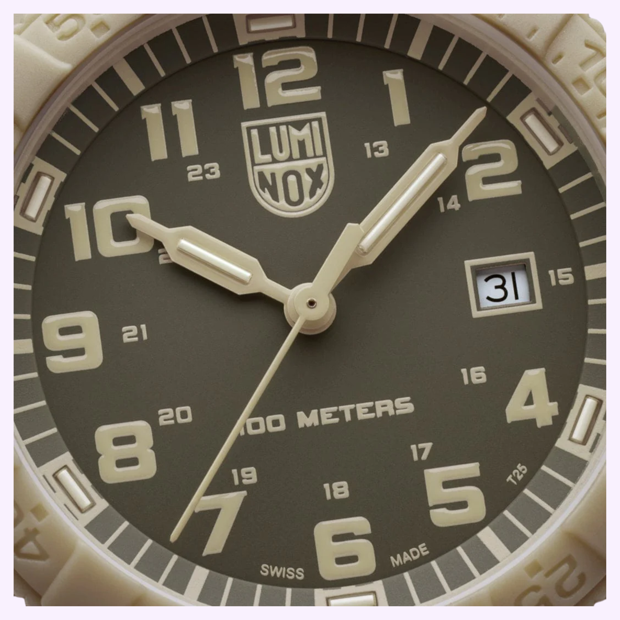 Close-up of the Luminox Watches Leatherback Sea Turtle Giant XS.0326 face at 10:10:34, featuring beige numbers, 100 METERS above 6 o’clock, date at 31, and reliable Swiss Made quartz movement—ideal for outdoor use.
