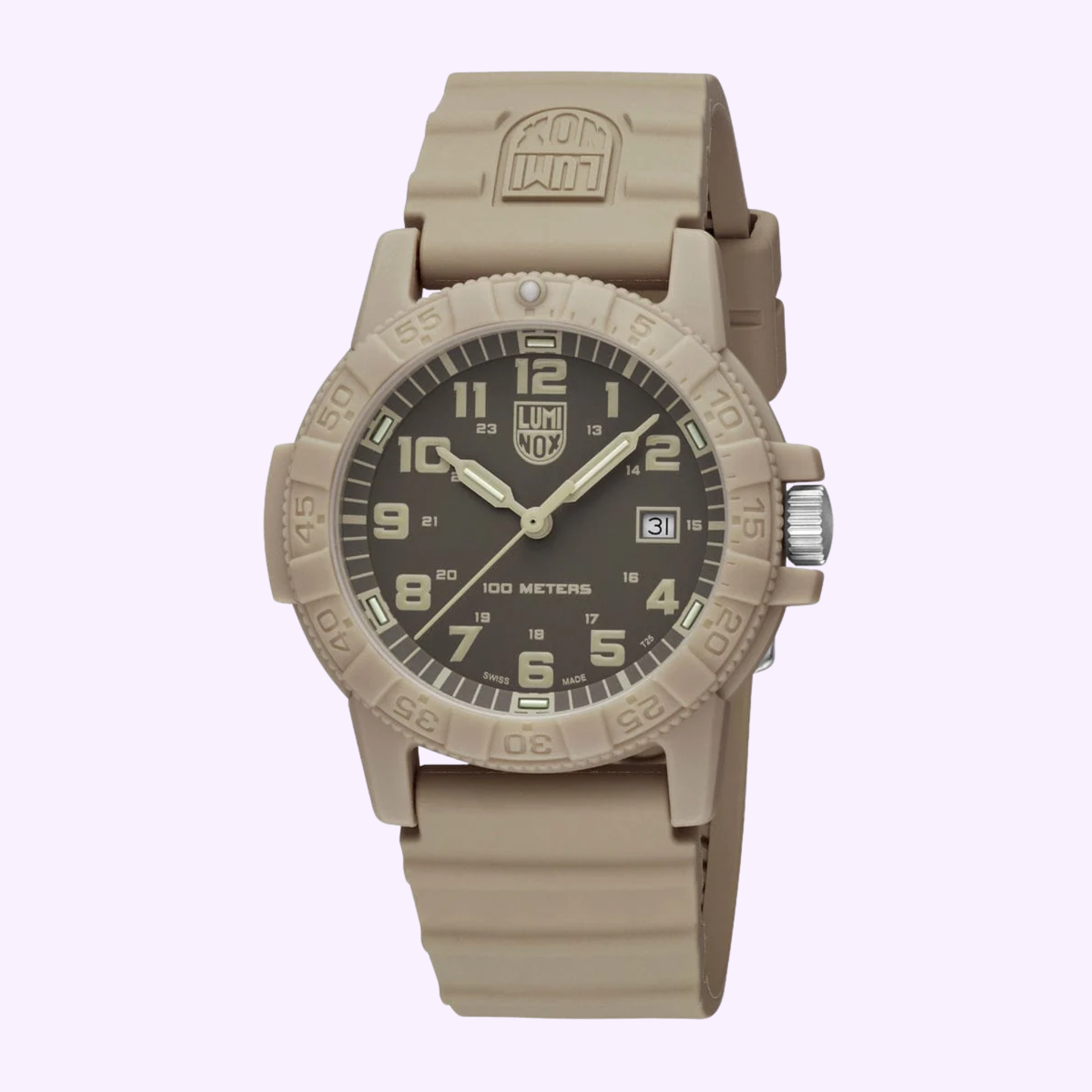 The Luminox Watches Leatherback Sea Turtle Giant XS.0326 features a round black dial with white numerals, date display, beige rubber strap, Luminox logo, and Swiss Made quartz movement by Luminox Watches, shown on a light background.