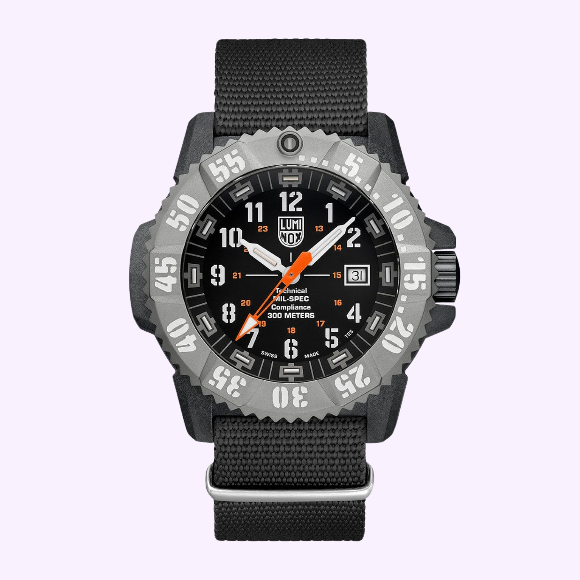 The Luminox Watches MIL-SPEC XL.3359.SET is a rugged black wristwatch from Luminox Watches, featuring a textured band, large grey bezel, bold white numerals on a black dial, orange accents, and 300-meter water resistance.