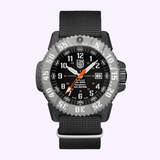 The Luminox Watches MIL-SPEC XL.3359.SET is a rugged black wristwatch from Luminox Watches, featuring a textured band, large grey bezel, bold white numerals on a black dial, orange accents, and 300-meter water resistance.