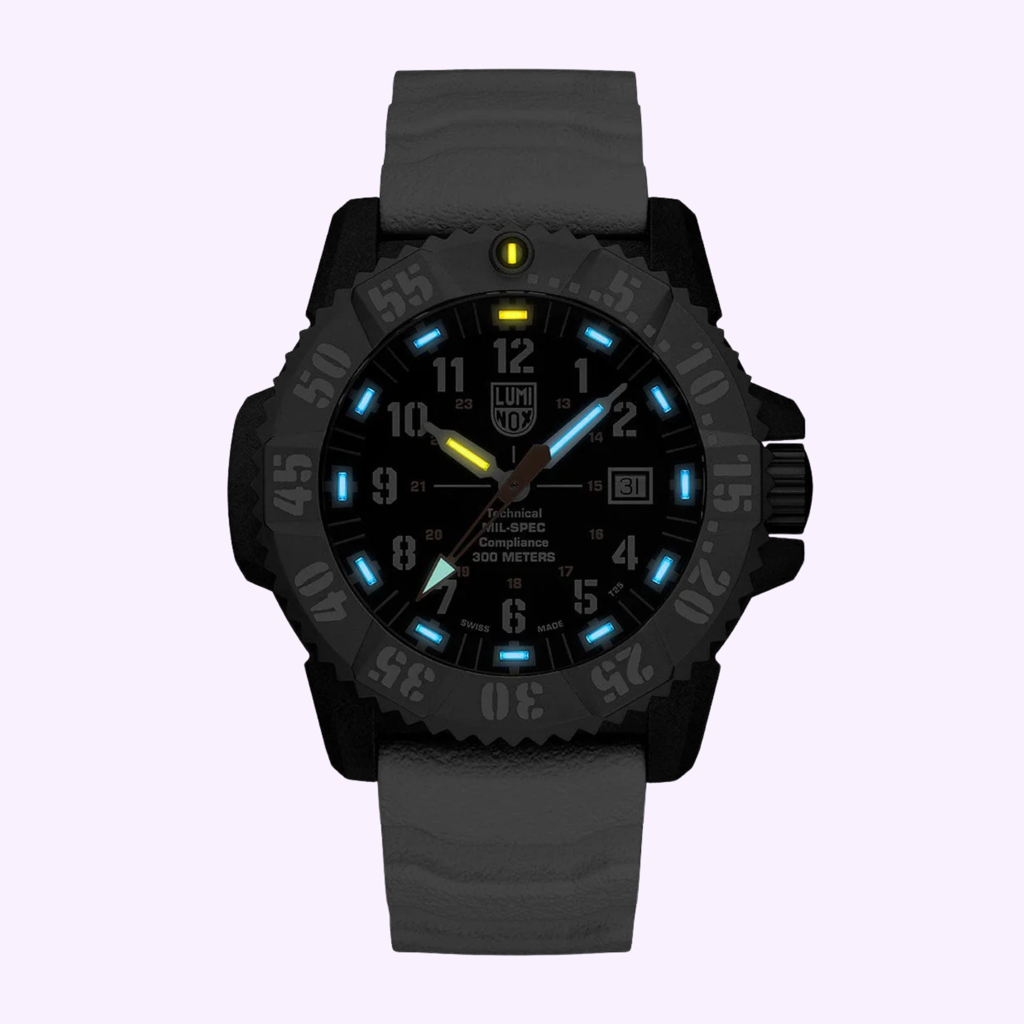 The Luminox Watches MIL-SPEC XL.3359.SET features a black case, textured strap, luminous blue hour markers, white numerals, and a yellow 12 o’clock marker. This rugged Luminox dive watch offers 300-meter water resistance.