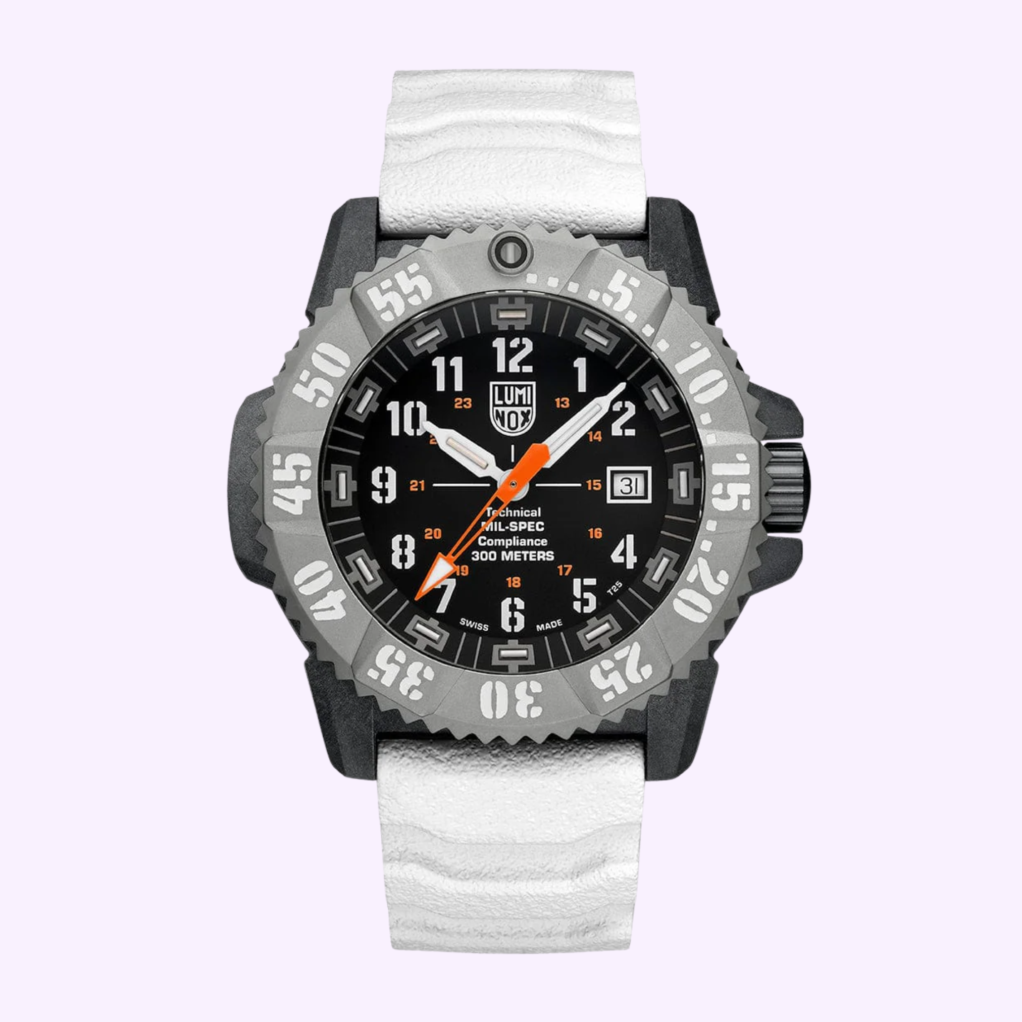 The Luminox Watches MIL-SPEC XL.3359.SET is a rugged military dive watch with a black face, bold white and orange markings, grey bezel, textured white band, military time display, and 300-meter water resistance.
