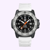 The Luminox Watches MIL-SPEC XL.3359.SET is a rugged military dive watch with a black face, bold white and orange markings, grey bezel, textured white band, military time display, and 300-meter water resistance.