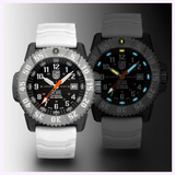 Two Luminox Watches MIL-SPEC XL.3359.SET military dive watches with white textured bands and large black faces. One glows in the dark with luminous hands and markers; both feature bold numbers and 300m water resistance.