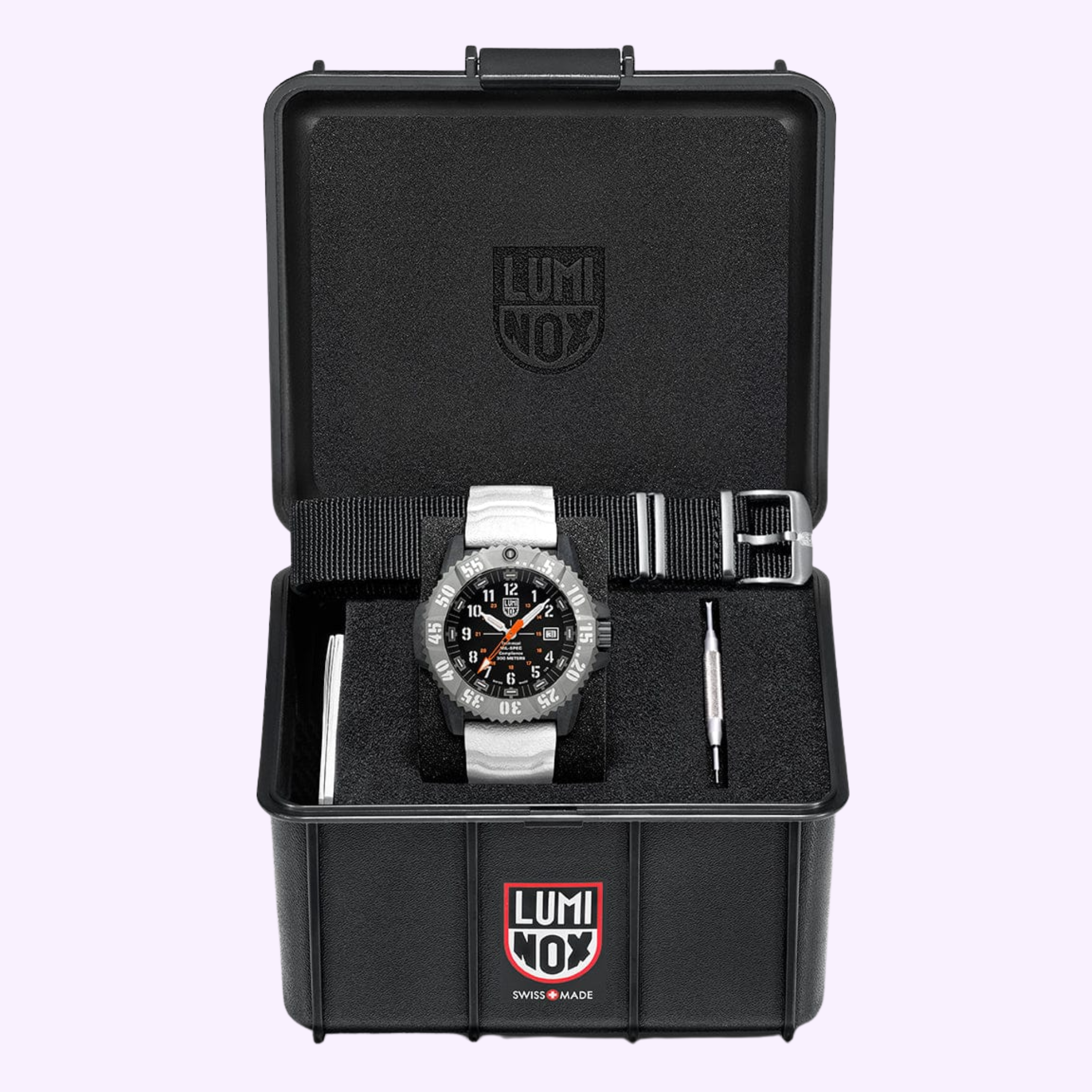 The Luminox Watches MIL-SPEC XL.3359.SET features a black military dive watch with two straps (black and white velcro) in an open black Luminox case with foam lining, 300m water resistance, and a small metal tool included.