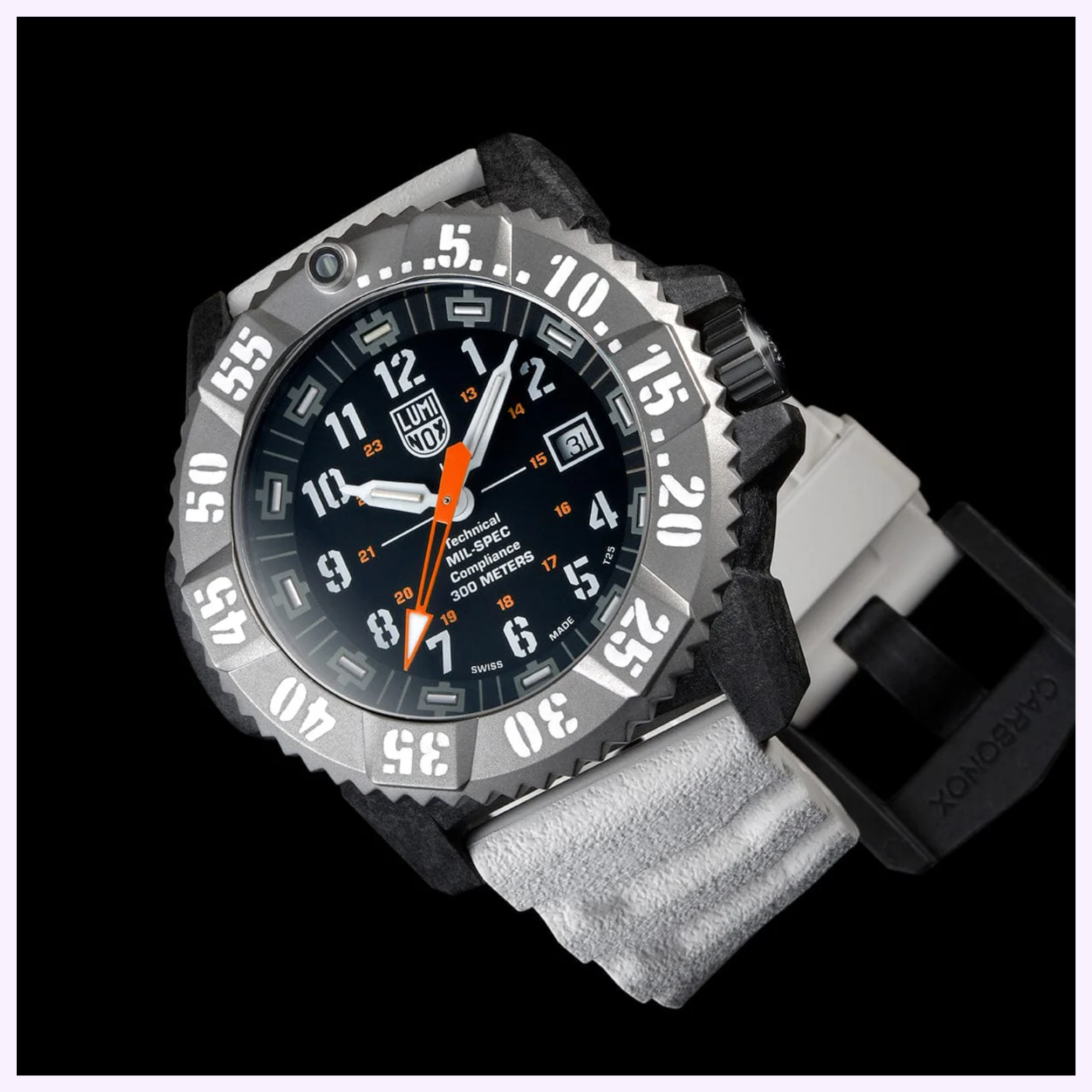 The Luminox Watches MIL-SPEC XL.3359.SET is a rugged military dive watch with a black/silver bezel, white numerals, black dial, orange and white hands, date display, and thick grey strap shown on a black background.